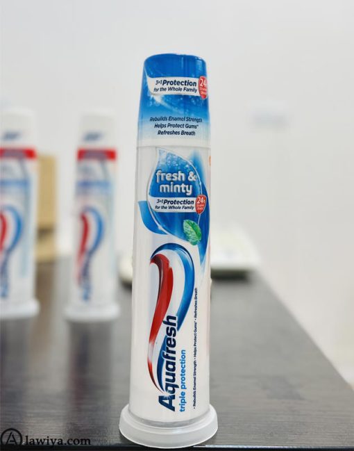 خمیر دندان پمپی آکوافرش سه کاره اصل انگلیس 100 میل - aquafresh fresh and minty toothpaste pump 100ml